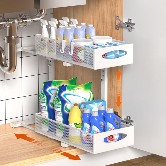 Housolution Pull Out Under Sink Storage Organiser Rack, White
