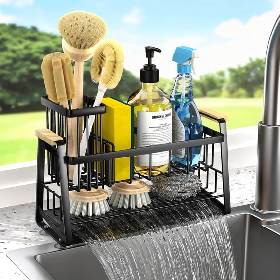 Housolution Sponge Holder for Kitchen Sink, 2-Tier Sink Caddy Kitchen Organizer with Brush Holder, Rust-Resistant Sink Caddy, Soap Dispenser Organizer, Black