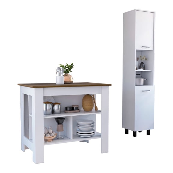 Houston 2 Piece Kitchen Set, Cala Kitchen Island + Hobart Kitchen Pantry, White /Walnut