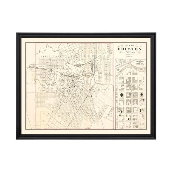 Houston Art, 1884 Vintage Map of Houston Texas, TX History Wall Decor Gift, Old Houston Map - 36" x 24" Black Framed Print