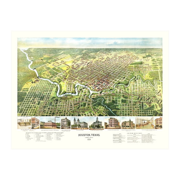 Houston Art, 1891 Vintage Map of Houston Texas, TX History Wall Decor Gift, Old Houston Map - 24" x 18" Unframed Print
