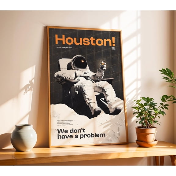 Houston Astronaut Print, Relaxing Space Explorer Art Print, Retro Sci,Fi Wall Décor, Moon,Themed Modern Space Artwork, Without Borders Home Decor #1262, 8x12 UNFRAMED