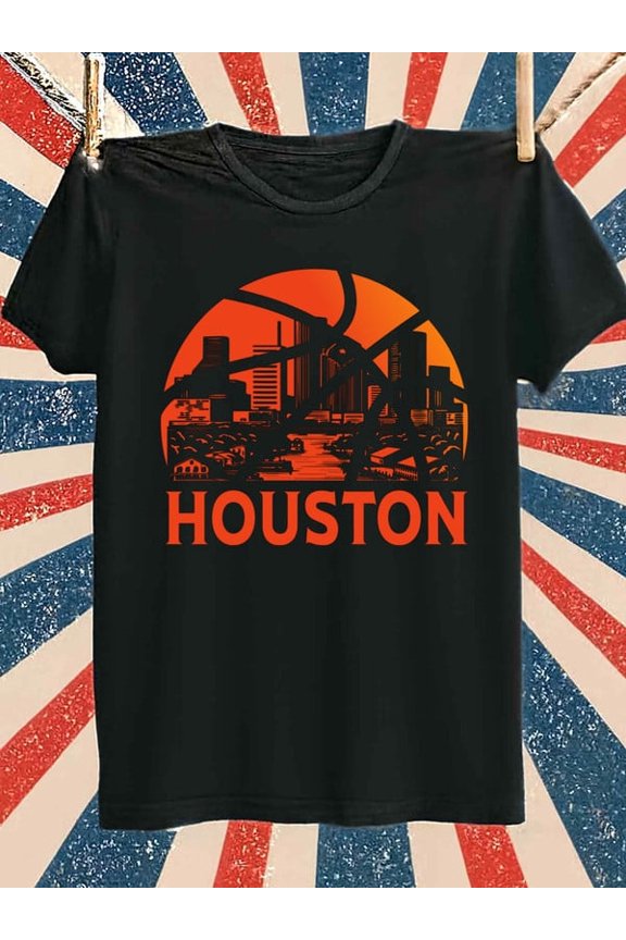 Houston Cityscape Tee mens Exercise 180G 100% Cotton black Dumbbell gym Basic Unisex Shirt Cotton tshirts Classic Unisex Shirt Cotton tshirts Fashion Unisex Shirt Graphic tshirts