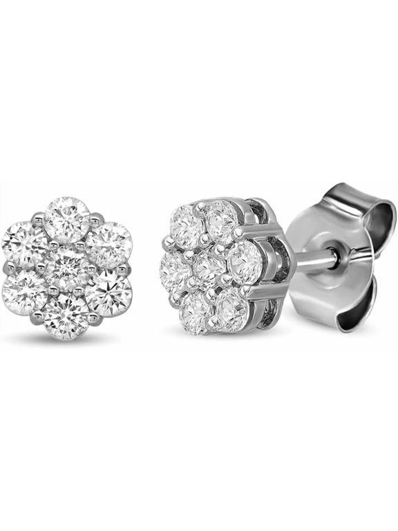 0.25 to 5 Carat Lab Grown 7 Stone Floral Diamond Stud Earrings for Women Round Shape Diamond Prong Setting (G-H Color, SI1 Clarity) Sterling Silver 2 Carat