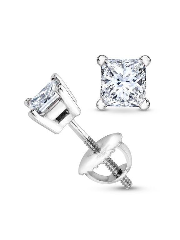 0.5 to 4 Carat Princess Diamond Stud Earrings 4 Prong Screw Back (I-J Color I1-I2 Clarity) 14K White Gold Lab Grown 0.61 Carat