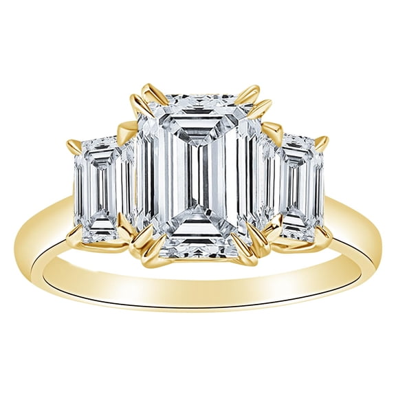 Houston Diamond District 0.5 to 5 Carat IGI Certified LAB Grown 3 Stone 14K Yellow Gold Round Diamond Engagement Ring (D-E Color, VS1-VS2 Clarity) Emerald 2 Carat Size: 9