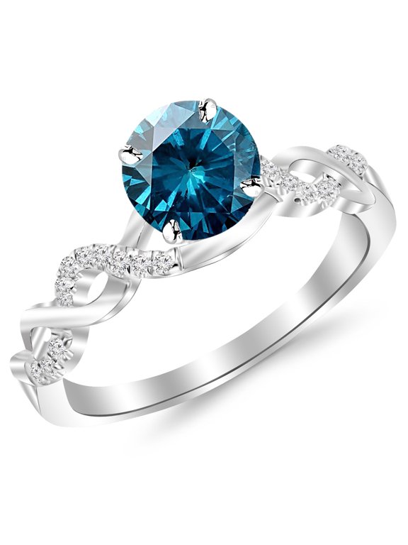 0.63-0.88 Carat Twisting Infinity Gold & Diamond Split Shank Pave Set Diamond Engagement Ring w/ 0.5 Ctw Blue Diamond Center(Heirloom Quality) White Gold 0.63 Carat Size:4