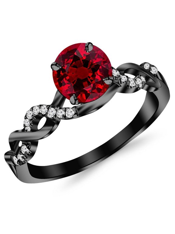 0.63 Carat 14K Black Gold Twisting Infinity Gold and Diamond Split Shank Pave Set Diamond Engagement Ring with a 0.5 Carat Natural Ruby Center (Heirloom Quality).