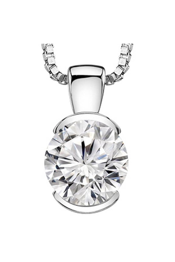 0.74 Carat Round Diamond Half Bezel Solitaire Pendant Necklace I-J Color I1 Clarity 14K White Gold 16" Silver Chain
