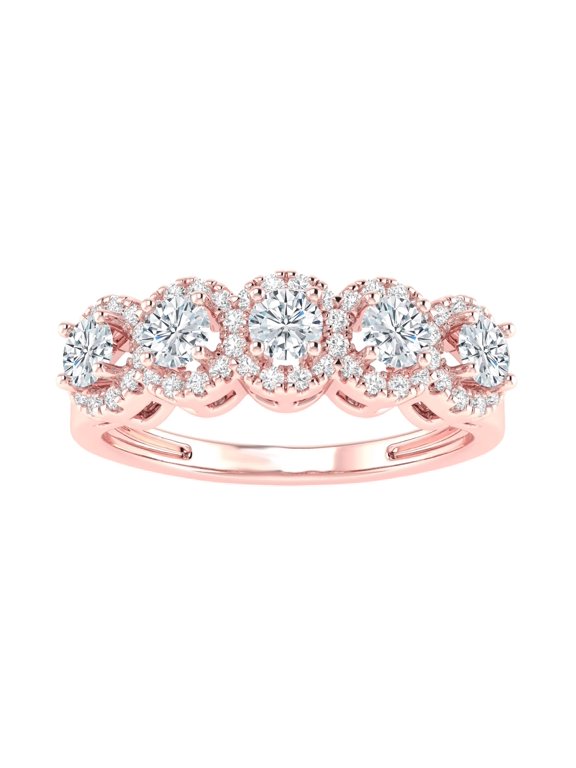 0.75 to 3 Carat Diamond Five Stone Halo LAB GROWN Diamond Wedding Band Ring (E-F Color VS1-VS2 Clarity) 14K Rose Gold 1 Carat Size: 6