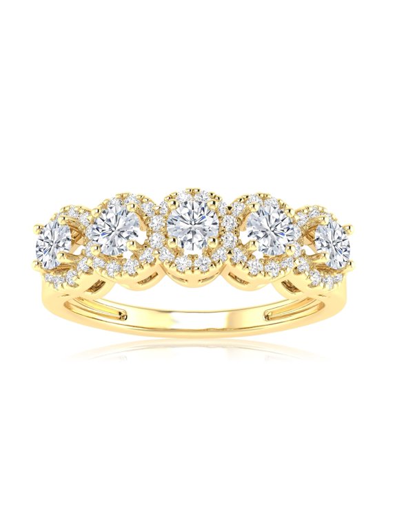0.75 to 3 Carat Diamond Five Stone Halo LAB GROWN Diamond Wedding Band Ring (E-F Color VS1-VS2 Clarity) 14K Yellow Gold 0.75 Carat Size: 4