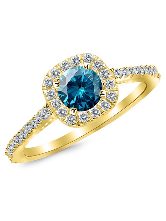 0.85 to 2 Carat Gorgeous Classic Cushion Halo Style Diamond Engagement Ring with a 0.5 Carat Blue Diamond Center (Heirloom Quality) 14K Yellow Gold 2 Carat Size:9