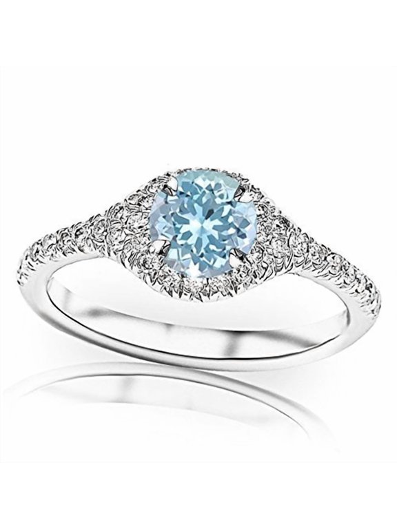 0.85 Carat t.w Halo Diamond Engagement Ring w/a 0.5 Carat Round Cut Blue Aquamarine Heirloom Quality 14K White Gold Size-7.5