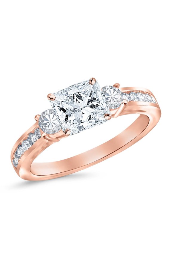 1.1 Carat 3 Stone Channel Set Princess Cut Diamond Engagement Ring with a 0.5 Carat GIA Certified Princess Cut Center Stone (E Color VS1 Clarity) 14K Rose Gold Size: 7.5