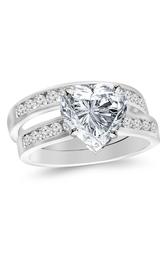 1.2 CTW Classic Channel Set Wedding Set Bridal Band & Diamond Engagement Ring w/ 0.5 Ct Heart Cut I Color VS2 Clarity Center 14K White Gold Size-9.0