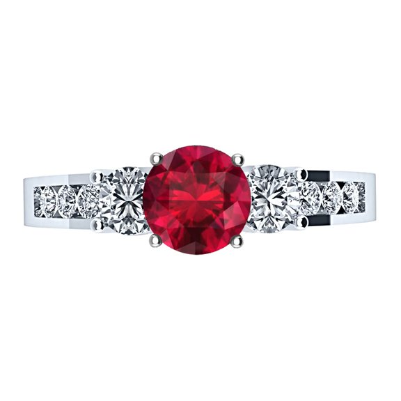Houston Diamond District 1.25 Carat Channel Set 3 Three Stone Round Cut Ruby Diamond Engagement Ring (0.5 Ct Center Heirloom Quality AAA+) 14K White Gold Size-7