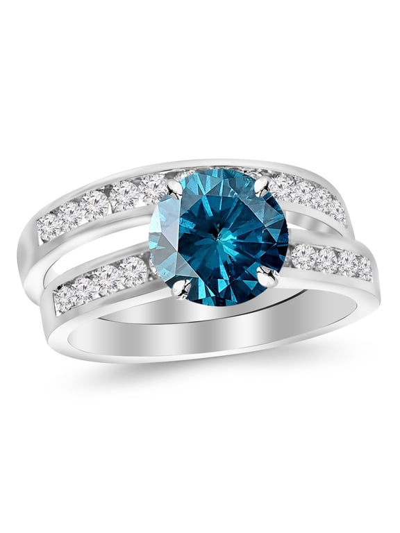 1 to 3 Carat Blue Diamond Classic Channel Set Wedding Set Bridal Band & Diamond Engagement Ring w/a 1 Ctw Blue Diamond Heirloom Quality Center White Gold 1 Carat Size: 9