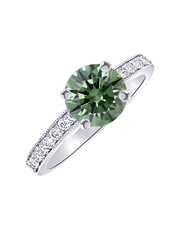 1.3 Carat Classic Side Stone Pave Set With Milgrain Diamond Engagement Ring (Heirloom Quality) 14K White Gold w/a 1 CTW Green Lab Grown Diamond Size: 4