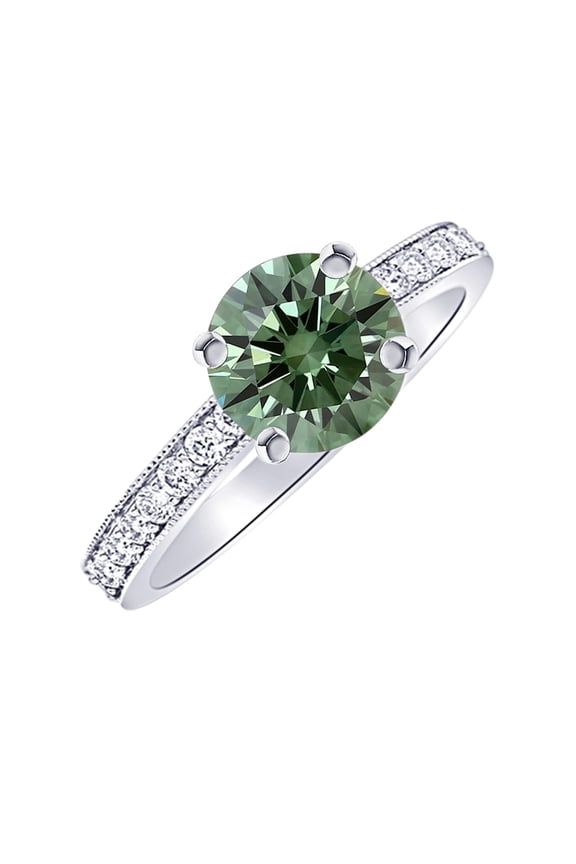 1.3 Carat Classic Side Stone Pave Set With Milgrain Diamond Engagement Ring (Heirloom Quality) 14K White Gold w/a 1 CTW Green Lab Grown Diamond Size: 8