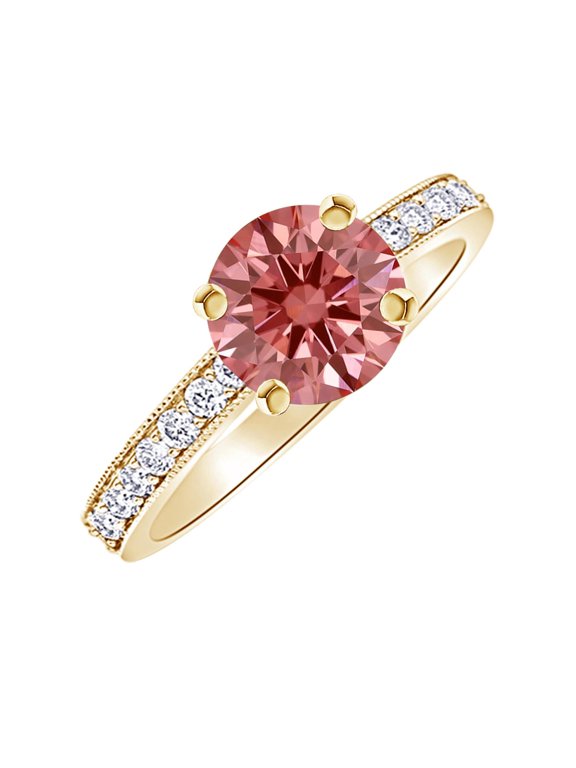 1.3 Carat Classic Side Stone Pave Set With Milgrain Diamond Engagement Ring (Heirloom Quality) 14K Yellow Gold w/a 1 CTW Pink Lab Grown Diamond Size: 7