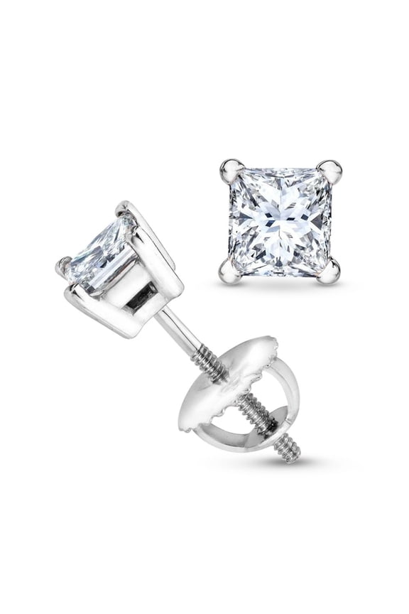 1/3 Carat Princess Cut 4 Prong Screw Back Solitaire Diamond Stud Earrings For Women (G-H Color, I1 Clarity) Platinum