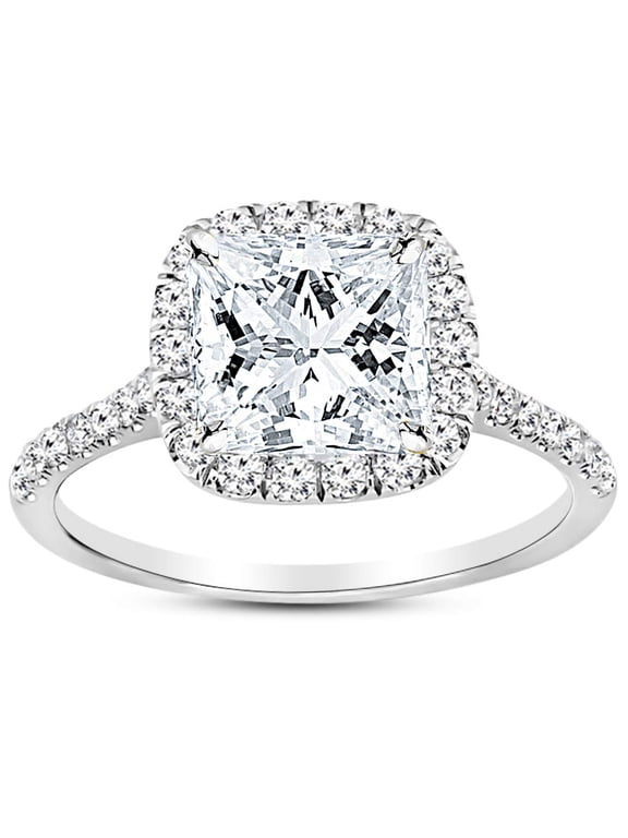 1.5 Carat LAB GROWN DIAMOND Halo Princess Cut Diamond Engagement Ring (E-F Color VS2-SI1 Clarity 1 Ct Center) Platinum Size-7.0