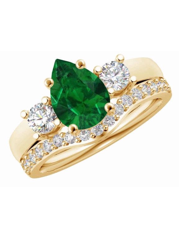 1 to 6 Carat 14K Yellow Gold LAB GROWN Gemstone and LAB GROWN Diamond Wedding Bridal Set (AAAA Heirloom Quality) Emerald 1 Carat Size-9