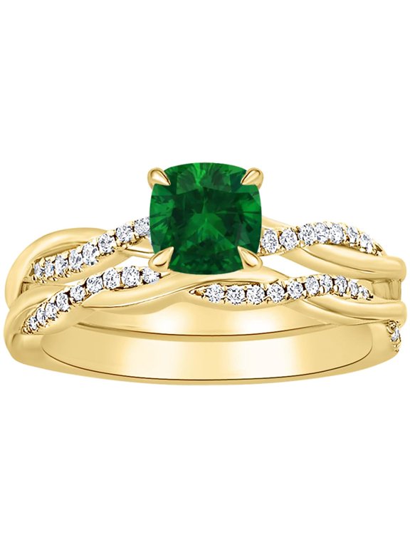 1-6 Carat 14K Yellow Gold LAB GROWN Gemstone and LAB GROWN Diamond Wedding Bridal Set (AAAA Heirloom Quality) Emerald 1 Carat Size-9.0