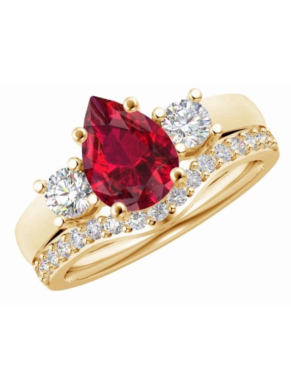 1 to 6 Carat 14K Yellow Gold LAB GROWN Gemstone and LAB GROWN Diamond Wedding Bridal Set (AAAA Heirloom Quality) Ruby 3 Carat Size-9
