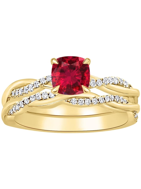 1-6 Carat 14K Yellow Gold LAB GROWN Gemstone and LAB GROWN Diamond Wedding Bridal Set (AAAA Heirloom Quality) Ruby 5 Carat Size-4.5