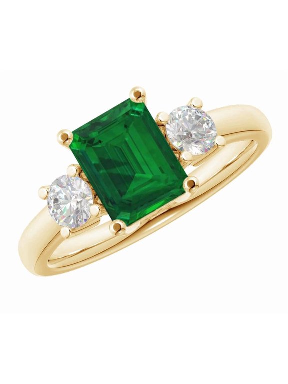 1 to 6 Carat Emerald 14K Yellow Gold 3 Stone LAB GROWN Gemstone and LAB GROWN Diamond Engagement Ring (1ct Center, VS1-VS2 Clarity) Emerald 1 Carat Size: 9