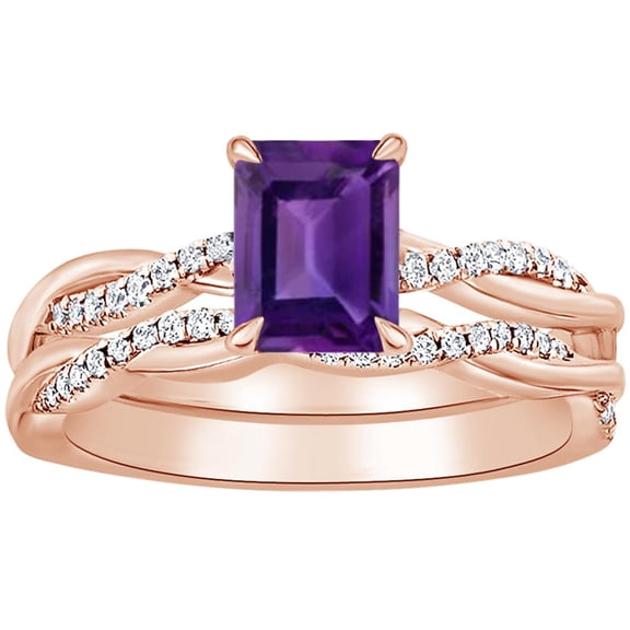 Houston Diamond District 1 to 6 Carat Emerald LAB GROWN Amethyst & LAB GROWN Diamond Wedding Bridal Set (1ct Center, AAAA Heirloom Quality) 14K Rose Gold 1 Carat Size: 4