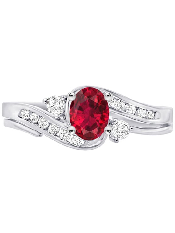 1 to 6 Carat Oval LAB GROWN Ruby and LAB GROWN Diamond Engagement Ring (AAAA Heirloom Quality) 14K White Gold 1 Carat Size-7.0