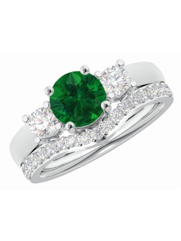 1 to 6 Carat Round 14K White Gold LAB GROWN Gemstone and LAB GROWN Diamond Wedding Bridal Set (1ct Center, AAAA Heirloom Quality) Emerald 1 Carat Size: 5