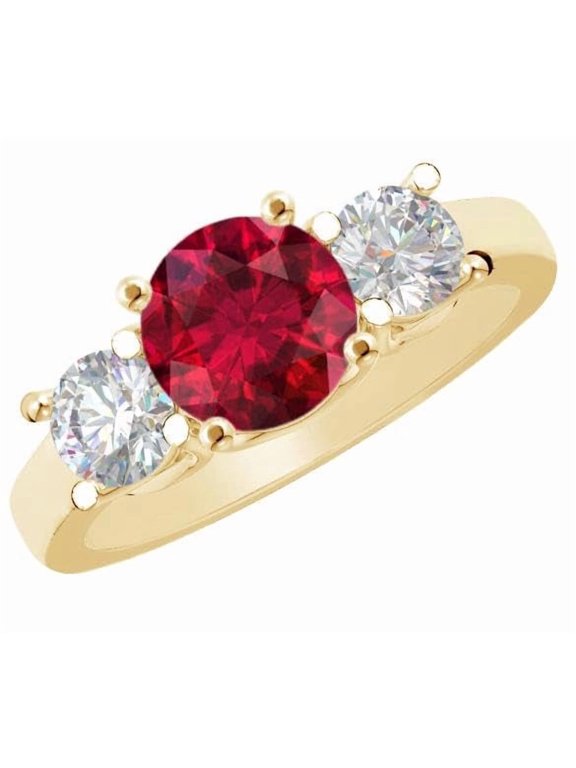 1-6 Carat Round 14K Yellow Gold LAB GROWN 3 Stone Gemstone & LAB GROWN Diamond Three Stone Engagement Ring (Ruby Center AAAA Heirloom Quality) Ruby 2 Carat Size: 8.5