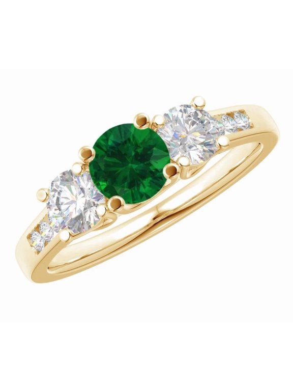 1-6 Carat Round 14K Yellow Gold LAB GROWN Gemstone 3 Stone and Channel Set LAB GROWN Diamond Engagement Ring (AAAA Heirloom Quality) Emerald 1.5 Carat Size: 5