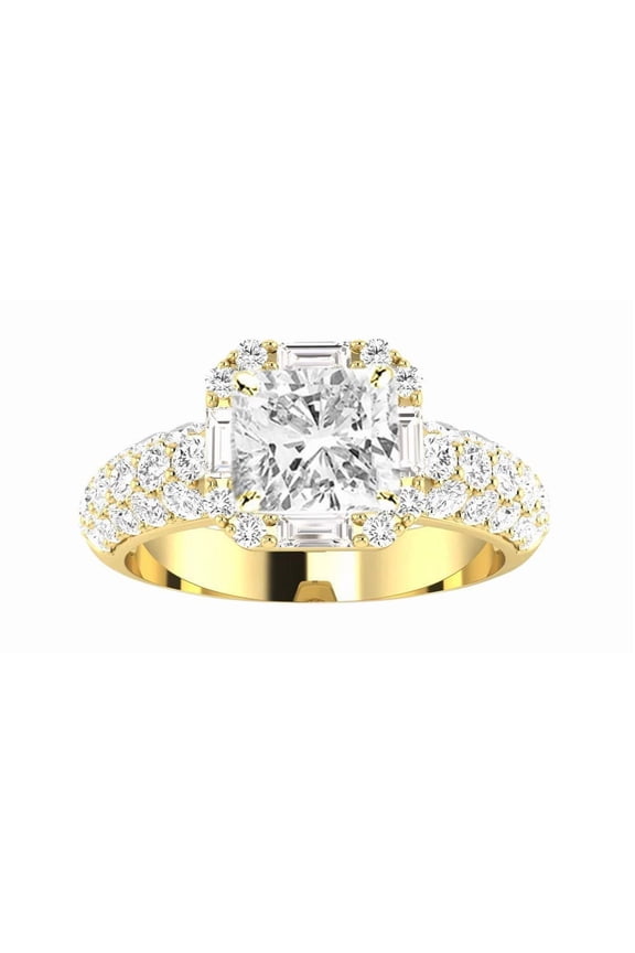 1.75 to 6.75 Carat LAB GROWN Diamond Halo Style Baguette And Pave Set Round Cushion Cut Diamond Engagement Ring (E-F Color VS2-SI1 Clarity) 14K Yellow Gold 2.75 Carat Size-9