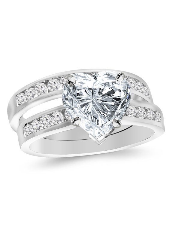 1.75 Carat LAB GROWN DIAMOND Classic Channel Set Wedding Set Bridal Band & Heart Cut Diamond Engagement Ring (E-F Color VS2-SI1 Clarity 1 Ct Center) Platinum Size: 5