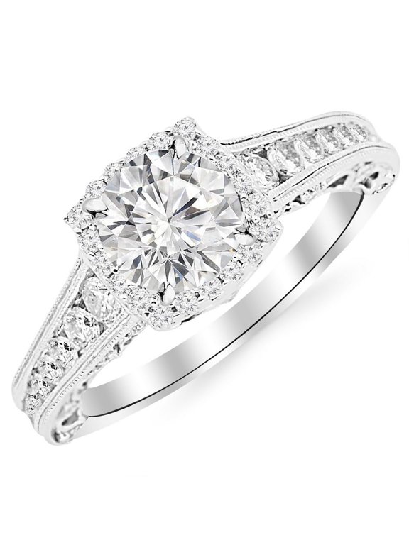 1.75 Carat Vintage Halo Style Channel Set Round Brilliant Diamond Engagement Ring Milgrain with a 1 Carat Moissanite Center Platinum Size-4.0