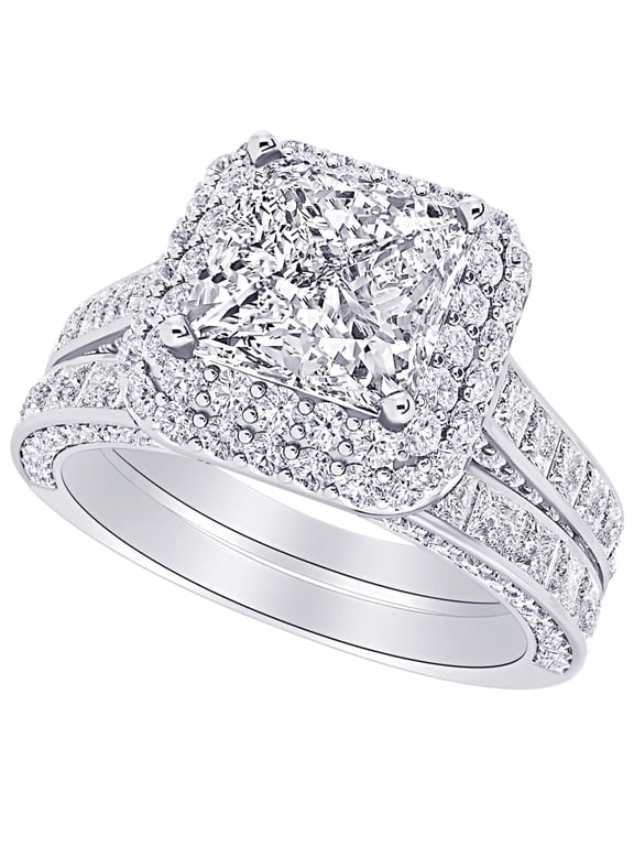 1 to 8 Carat (ctw) Princess Cut LAB GROWN Diamond Double Halo Princess Cut Wedding Bridal Set (Color D-E Clarity VS1-VS2) Platinum 1 Carat Size-8