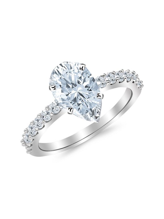 1 Carat Classic Side Stone Prong Set Pear Cut Diamond Engagement Ring (0.5 Ct F Color SI3 Clarity Center Stone) 14K White Gold Size: 4