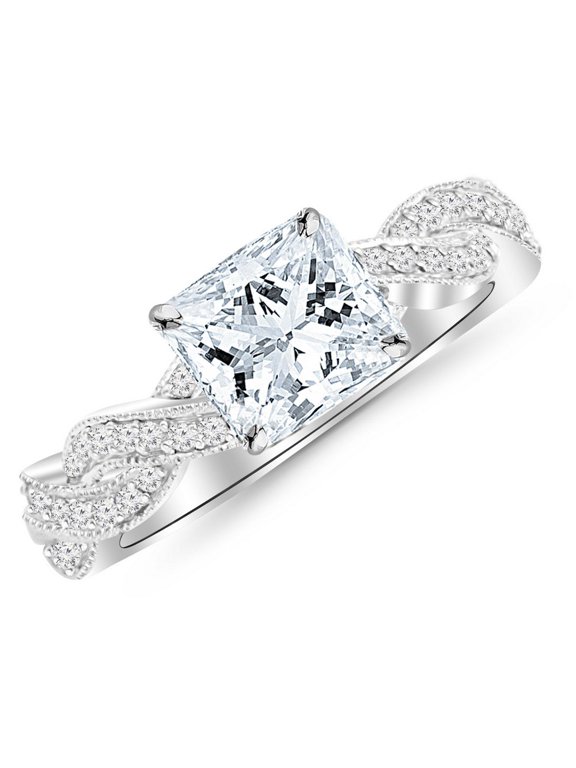 1 Carat Vintage Eternity Love Twisting Split Shank Princess Cut Diamond Engagement Ring With Milgrain (0.75 Ct I Color VS2 Clarity Center Stone) Platinum Size-4.0