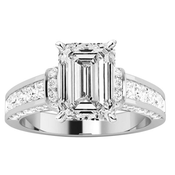 Houston Diamond District 14K White Gold 5 Carat, LAB GROWN DIAMOND Contemporary Channel Set Princess And Pave Round Cut Emerald Cut Diamond Engagement Ring (G-H Color VS1-VS2 Clarity 4 Ct Center)