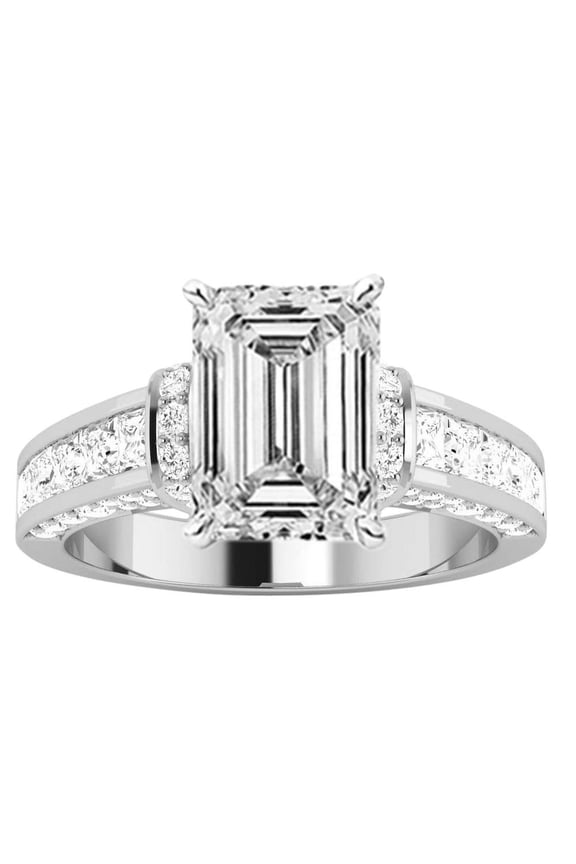 14K White Gold 5 Carat, LAB GROWN DIAMOND Contemporary Channel Set Princess And Pave Round Cut Emerald Cut Diamond Engagement Ring (G-H Color VS1-VS2 Clarity 4 Ct Center)