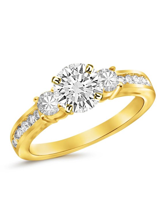 2.1 Carat Channel Set 3 Three Stone Diamond Engagement Ring with a 1.5 Carat Moissanite Center 14K Yellow Gold Size: 7