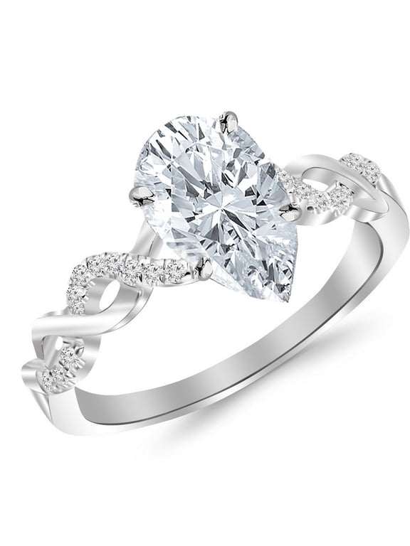 2.13 Carat LAB GROWN DIAMOND Twisting Infinity Gold & Diamond Split Shank Pave Set Engagement Ring (E-F Color VS1-VS2 Clarity 2 Ct Center) White Gold Size: 4 Pear Shape