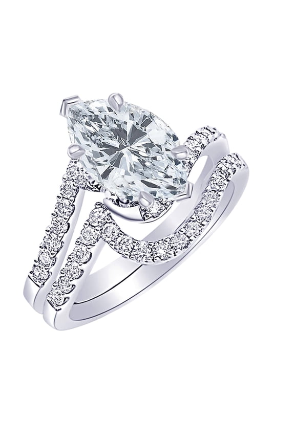 2.25 Carat LAB GROWN DIAMOND Curving Pave & Prong-set Round Marquise Cut Diamond Engagement Ring & Wedding Band Set (E-F, VS2-SI1, 1.5 Ct Center) 14K White Gold Size: 6.5