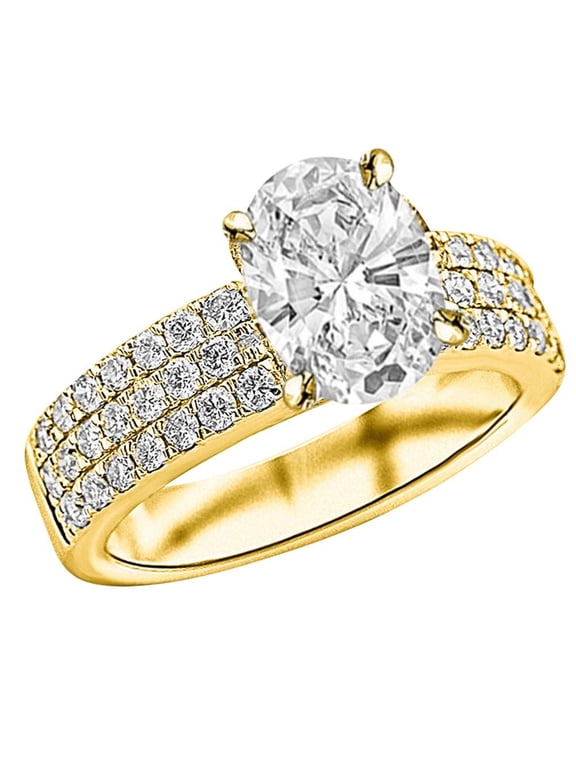 2.25 Carat LAB GROWN DIAMOND Modern Triple Three Row Pave Set Round Cut Oval Cut Diamond Engagement Ring (G-H Color VS2-SI1 Clarity 1.5 Ct Center) 14K Yellow Gold Size: 6
