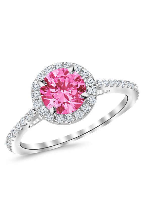 2.4 Carat Classic Halo Diamond Engagement Ring with a 2 Carat Natural Pink Sapphire Center (Heirloom Quality) 14K White Gold Size: 7