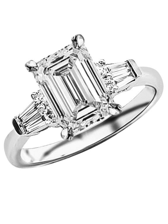 2 to 5.5 Carat Center LAB GROWN DIAMOND Prong Set Round And Baguette Emerald Cut Diamond Engagement Ring (E-F Color VS1-VS2 Clarity) 14K White Gold 2 Carat Center Size-7.25